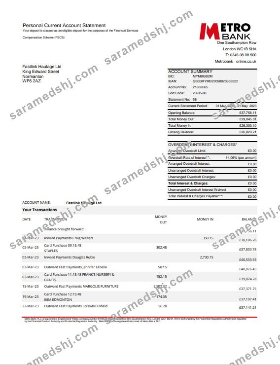United Kingdom Metro bank statement Excel and PDF template, 4 pages